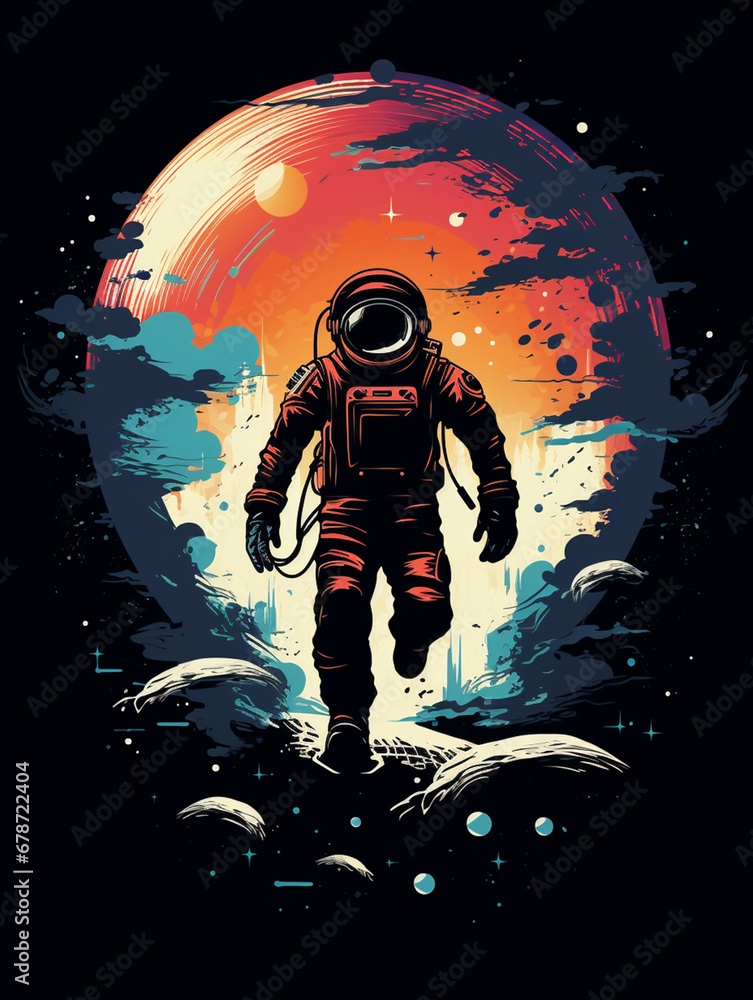 Obraz premium Flat style T-shirt design featuring an astronaut, presented as a graphic created with Generative Ai