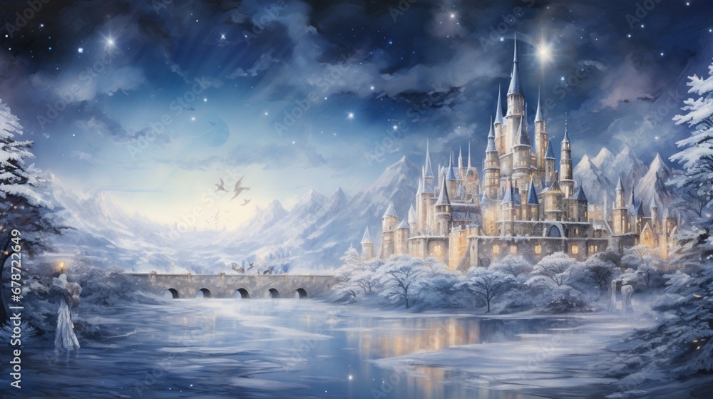 A snowy landscape adorned with intricate Christmas snowflakes, making the world shimmer with holiday enchantment.