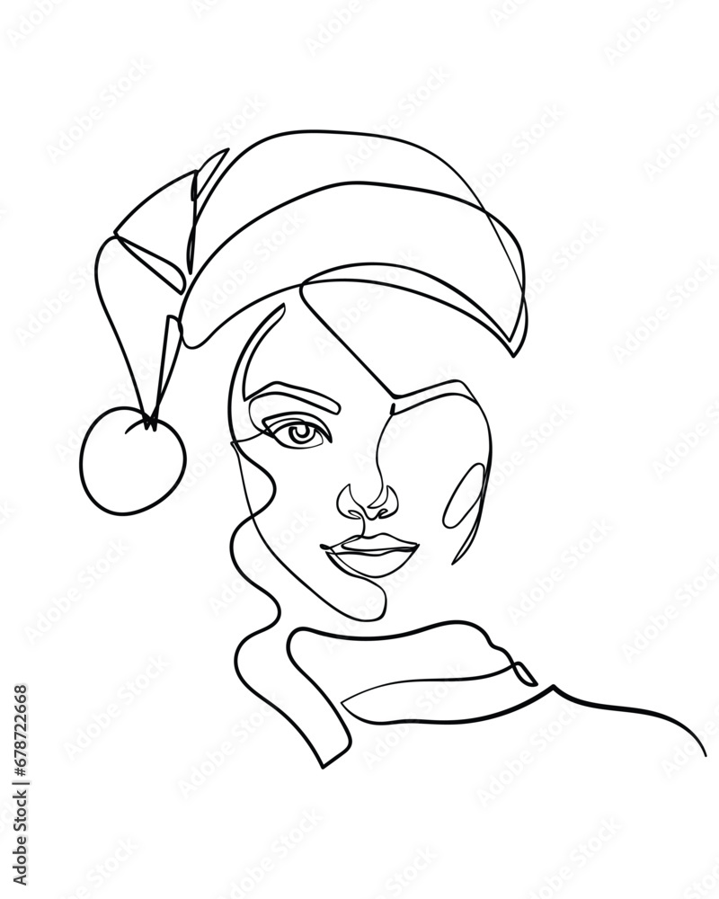 One line drawing beautiful woman in a santa claus hat. Modern minimalism art. - Vector illustration One line drawing beautiful woman in a santa claus hat. Modern minimalism art. - Vector illustration