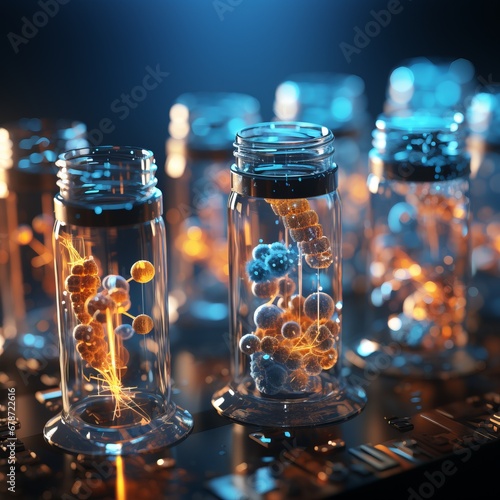 Glass containers vials with metal caps, illustration of collection and storage of DNA samples in laboratory conditions. Concept: equipment for molecular analysis, bioanalysis and medical test photo