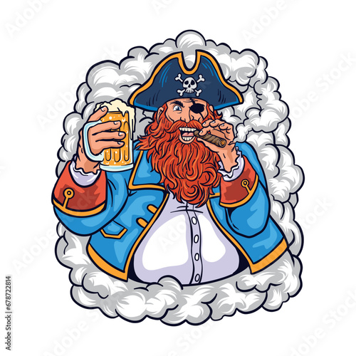 vector illustration of a seafarer holding a glass of beer and a cigar with smoke billowing in the background