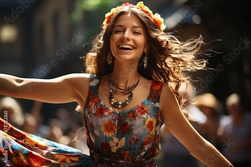 A woman in a floral dress exudes pure bliss, her laughter resonating with the light of a sunlit street