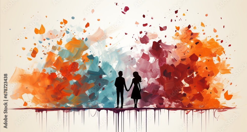 Painting with bright colors of a couple in love against the background of a heart. A couple walking alone. Concept: People's feelings, Valentine's Day
