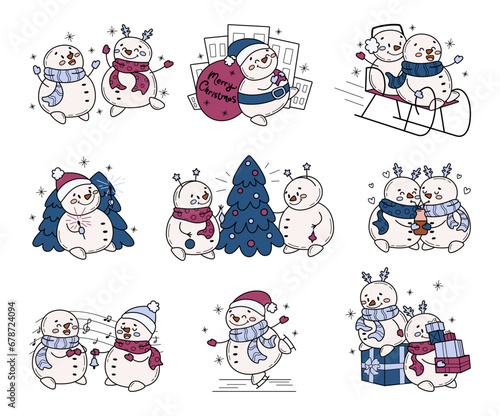 Cute happy snowmen. Winter handdrawn illustration. Holiday activities. Cartoon characters for Christmas and New year seasonal design. © Panna_Limon