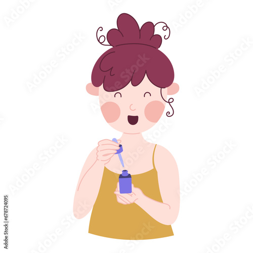 Cute young girl having a spa day at home. Face serum. Flat style cartoon character.