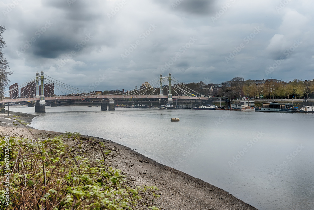 View of river Thames and Albert Bridge, London, England, UK