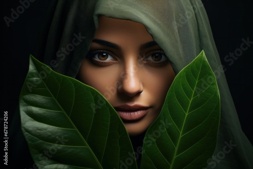 portrait of a beautiful arab women wearing hijab with green leaves
