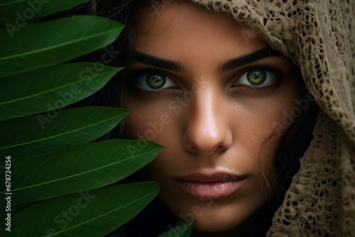 Beautiful Savage Woman in Nature Green Leaves, Young Wild Girl Portrait,