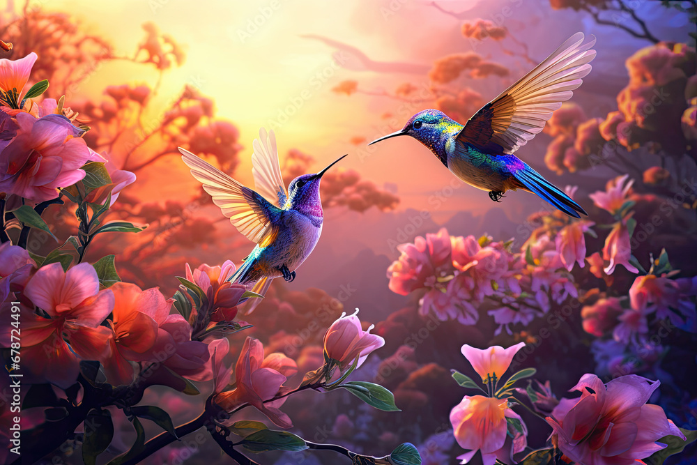 Two lovely hummingbirds flying around the flowers under the beautiful sunset