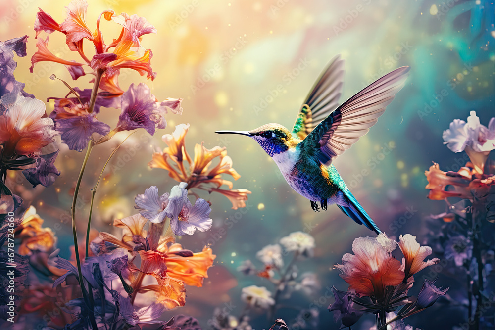Hummingbird flying around the flowers under the beautiful sunset Hummingbird flying around the flowers under the beautiful sunset