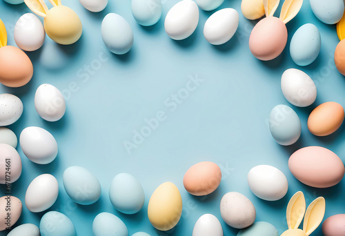 Easter composition concept. Top view photo of white circle colorful easter eggs and bunny ears on isolated pastel blue background with copy space. High focus