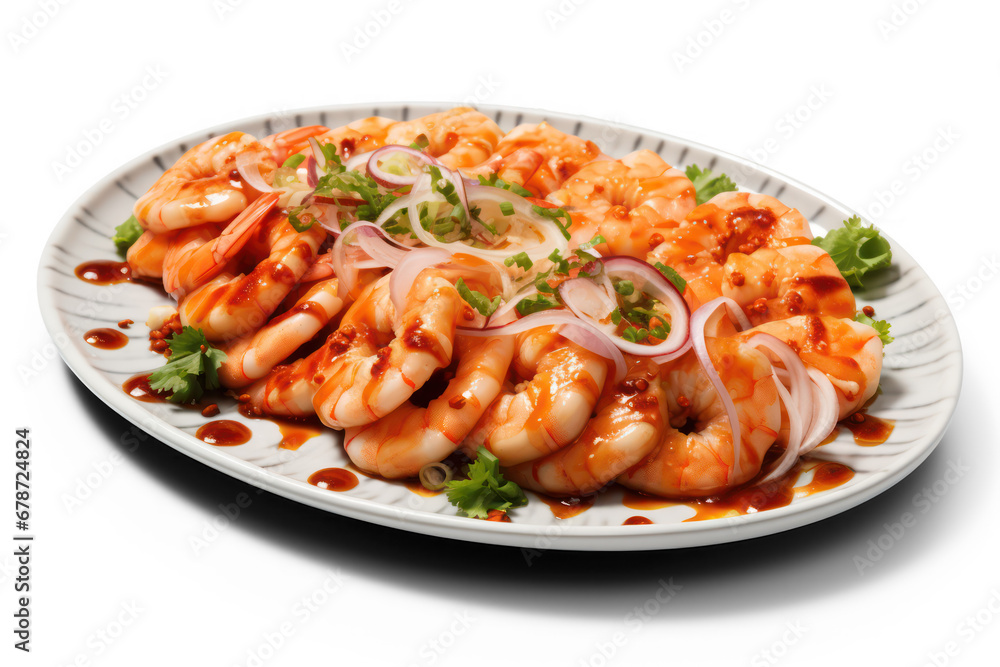 seafood on a plate, shrimps with sauce on transparent background, png file