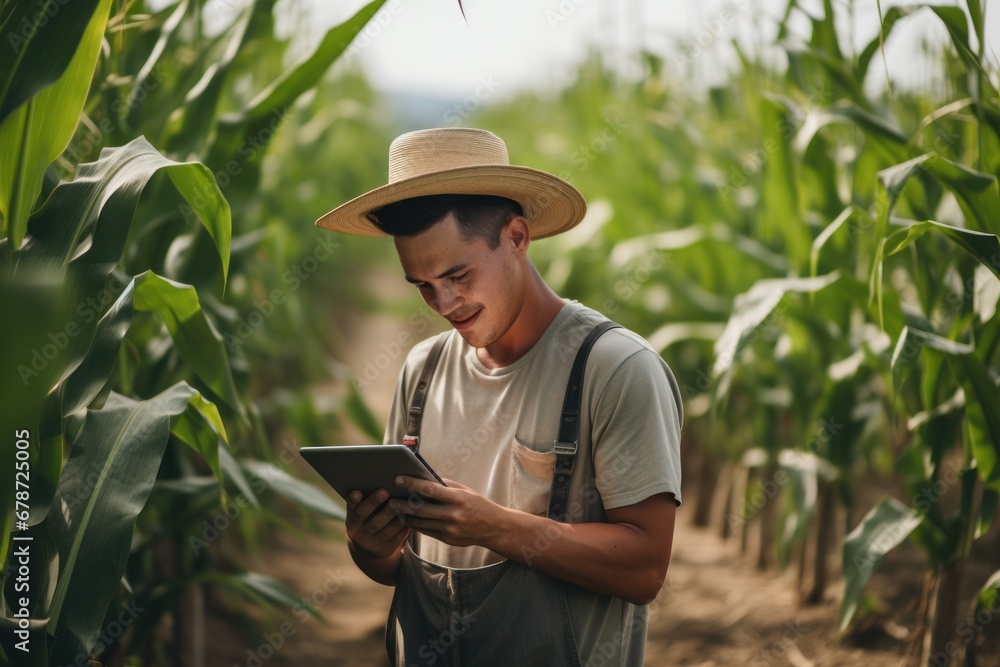 modern farmer in a corn field using a digital tablet