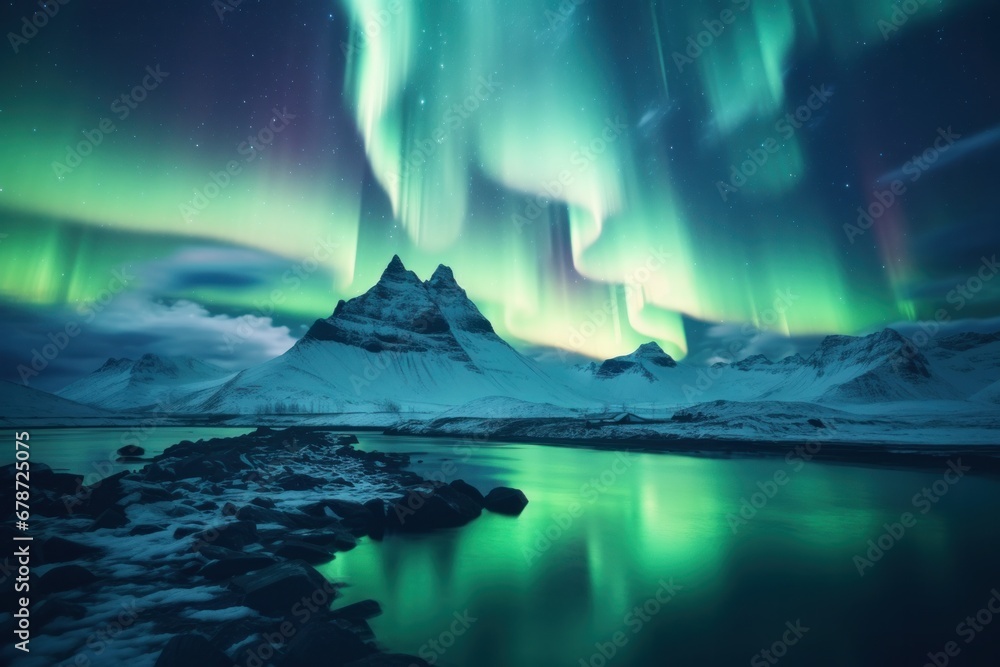 Breathtaking arctic aurora in a desolate setting, unveiling ethereal polar lights.