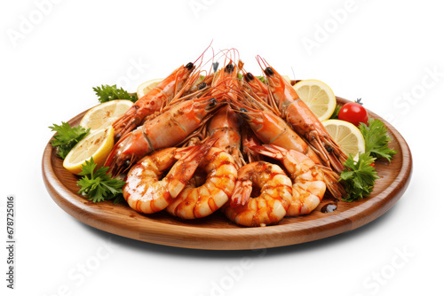 seafood on a plate, shrimps with lemon on transparent background, png file