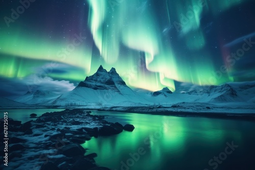 Breathtaking arctic aurora in a desolate setting, unveiling ethereal polar lights. © jaafar