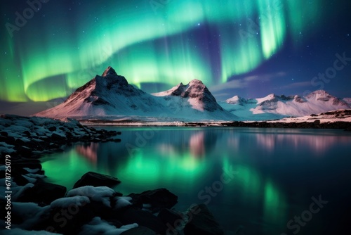 Breathtaking arctic aurora in a desolate setting, unveiling ethereal polar lights.