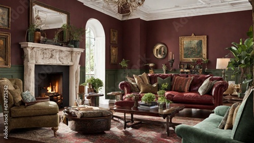 an old house brought to life with rich, earthy tones. The living room, adorned with antique furniture