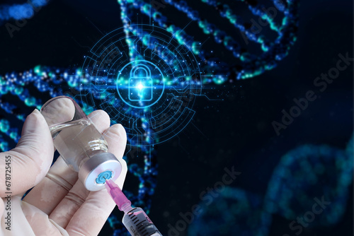 Human fingers are using medicine for genetic editing. Genetically modified DNA, blue background concept in invention. Development of genetically modified human genes