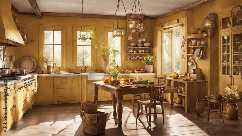 A kitchen in an old house, painted in warm mustard tones. Copper cookware hangs from wooden beams