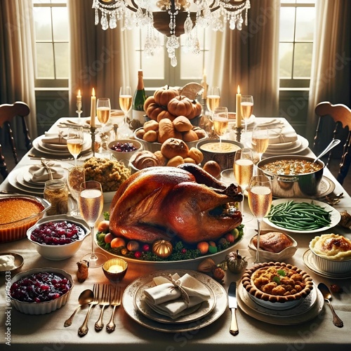AI generated illustration of A festive Thanksgiving dinner setting photo
