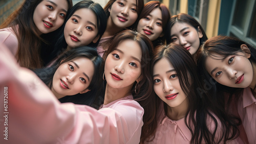 Asian University beautiful women’s gang in pink dress, taking selfie