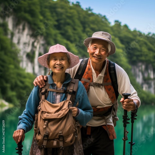 AI generated illustration of an Asian couple smiling on an outdoor boat trip around a mountain lake