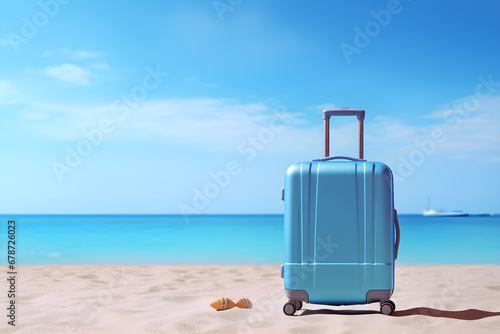 Blue suitcase with hat and accessories on sand beach, blue sea and blue sky, summer travel concept.
