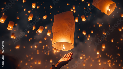 Releasing sky lanterns In the quiet night The concept of the tradition of releasing floating lanterns photo
