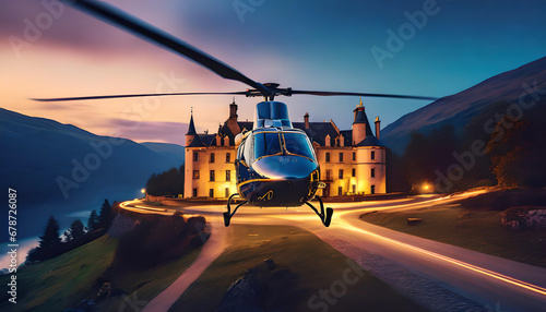 helicopter landing on the ground a 5 star hotel resort