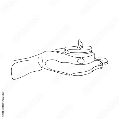 Continuous single line sketch drawing of hand holding aromatic therapy romantic burning candle light in glass jar. One line art of people carrying beautiful spa candle relaxation vector illustration