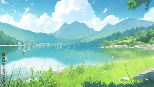 Perfect summer scene and morning meadow near the river 