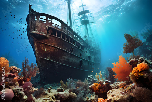 Wrecked ship sits atop colorful coral reef in the crystal-clear waters of the South Pacific