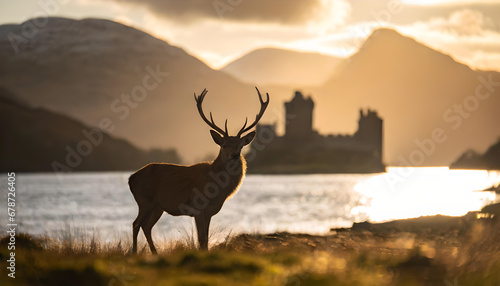 A Red Deer Stag in front of an ancient Scottish castle and loch at sunset © Stuart Little