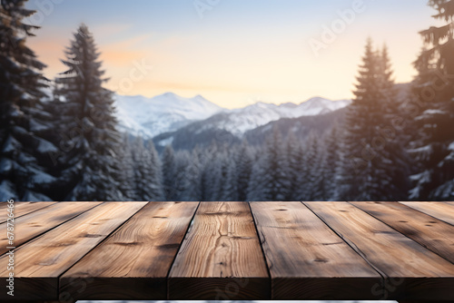 Wooden Table with Snow Capped Mountains, Product Display Venue