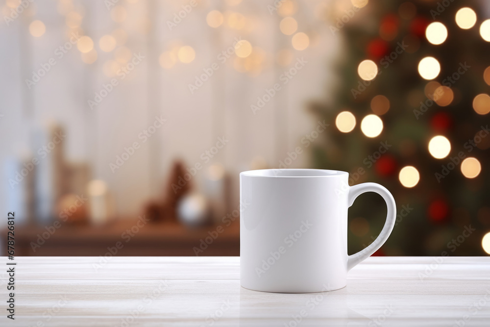 Obraz premium White blank coffee or tea mug with decorated christmas living room in background. Generative AI