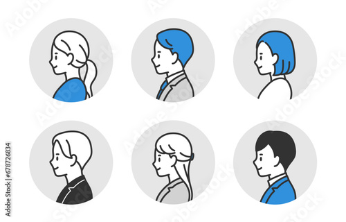 ビジネスパーソン男女の左横向き顔アイコンセット【人物ベクターイラスト素材】