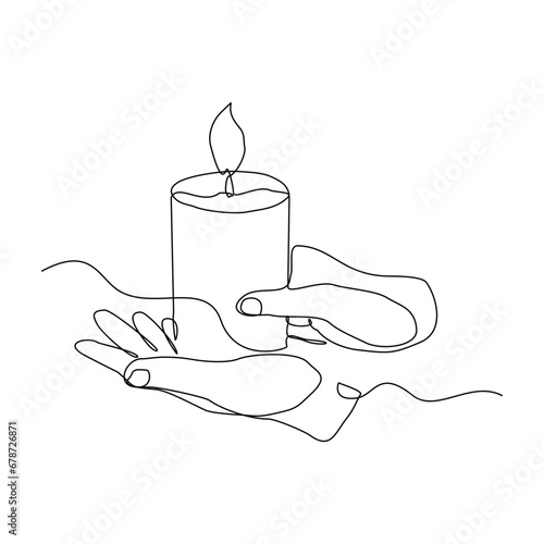 Continuous single line sketch drawing of hand holding aromatic therapy romantic burning candle light in glass jar. One line art of people carrying beautiful spa candle relaxation vector illustration