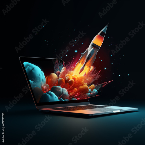 Rocket flying out of a laptop screen with a dark background