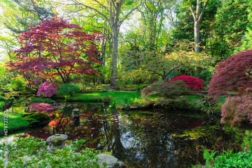 Fototapeta Naklejka Na Ścianę i Meble -  flowing spring and green grass in japanese garden in The Hague, Netherlands