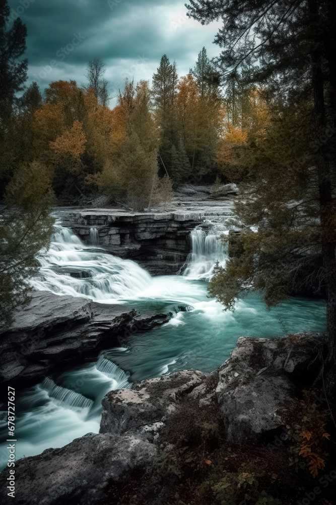 A Serene Waterfall Amidst the Autumnal Splendor of a Forest, ai generative A Serene Waterfall Amidst the Autumnal Splendor of a Forest, ai generative