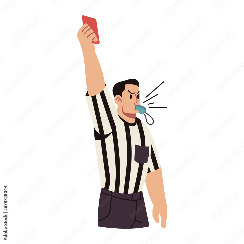 Soccer Referee Blows Whistle and Shows Red Card Vector Cartoon Illustration Soccer Referee Blows Whistle and Shows Red Card Vector Cartoon Illustration