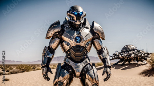 Alien Cyborg Robotic Warrior lands in the Desert Background Backdrop Wallpaper Cover Magazine Cover Poster Moviecard Generative AI Digital Art Brainstorming Story