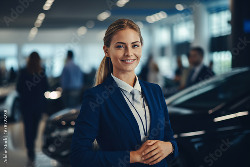 Professional luxury car saleswoman in luxury showroom. Auto dealership office. Car dealer business. Smiling woman in showroom. Expensive car. Automotive industry. Luxury car agent. © Artinun