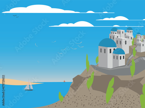 Greek city landscape with sea and sailing boat
