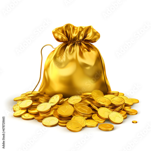 A transparent background showcases a bag filled with golden coins.Savings concept