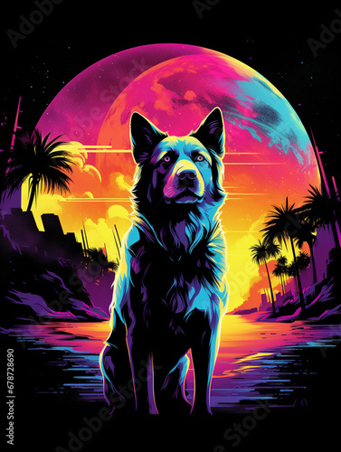 T-shirt design featuring a forward-facing dog  full moon backdrop  styled as a neon abstract poster created with Generative Ai