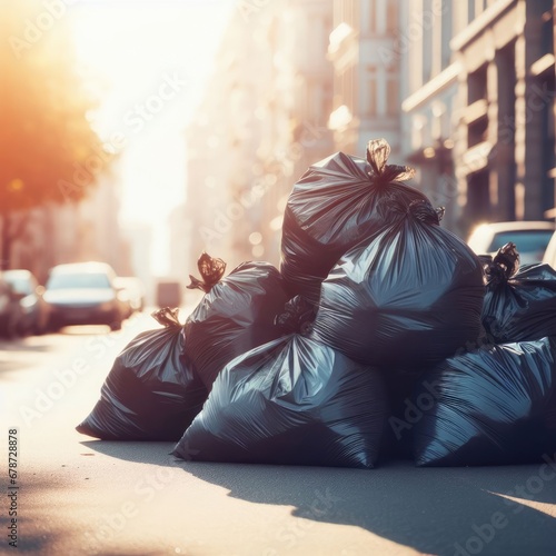 garbage bags in the street ecological problems background photo