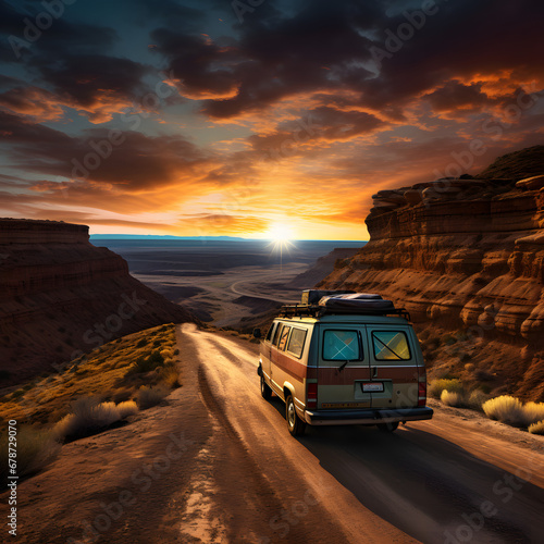 A van journeys through a canyon path during sunset, embarking on a road trip towards adventure and freedom.