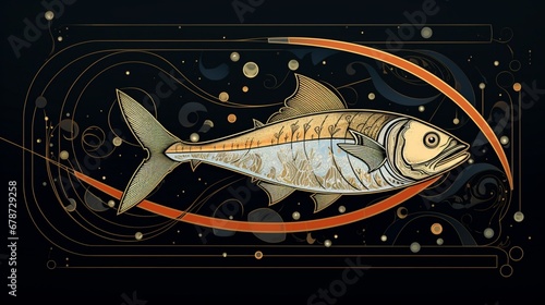 An elegant depiction of a fish in a linear art style  promoting the benefits of a balanced diet.